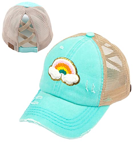 Rainbow Patch Criss Cross Ponytail Hat by Funky Junque