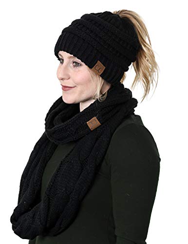 Solid Knit Ponytail Beanie & Infinity Scarf Set by Funky Junque