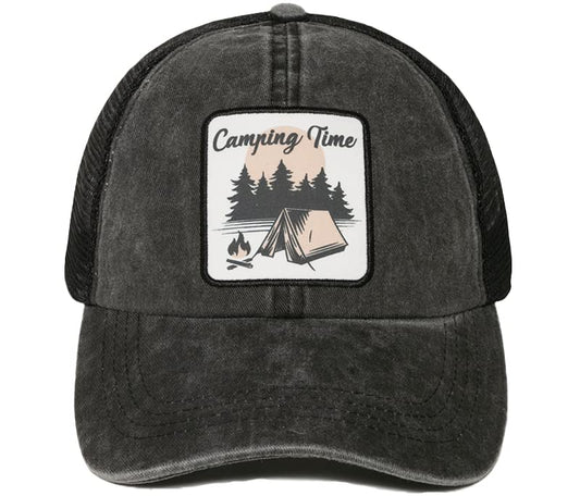 Camping Time Distressed Vintage Patch Baseball Cap by Funky Junque