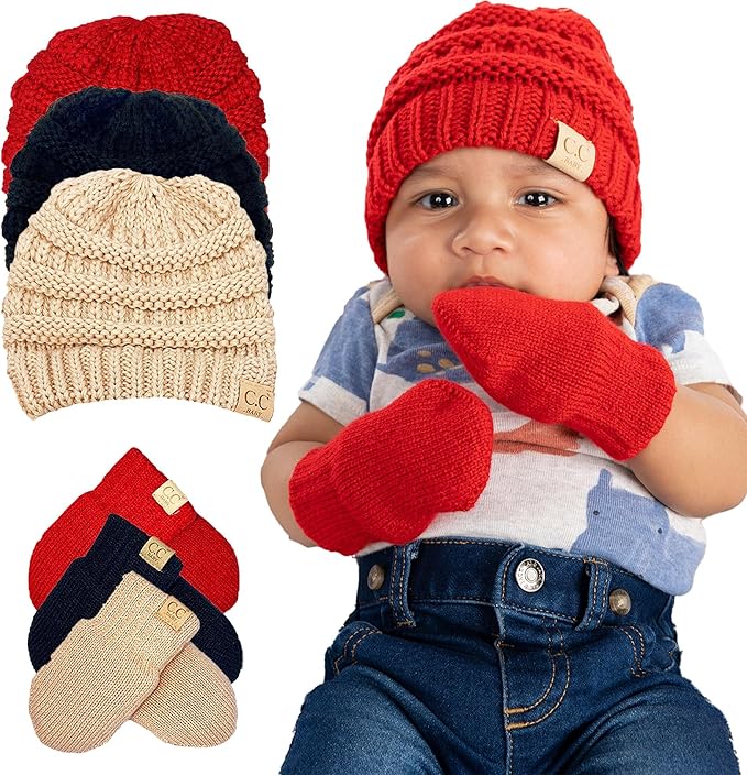 Baby Ribbed Beanie and Matching Mittens Set by Funky Junque