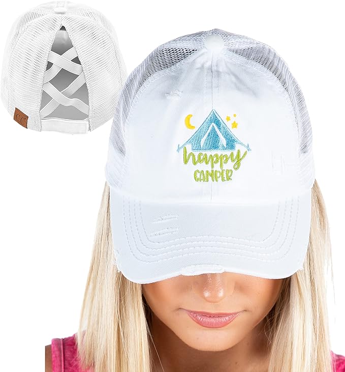 Happy Camper Criss Cross Saying Ponytail Hat by Funky Junque