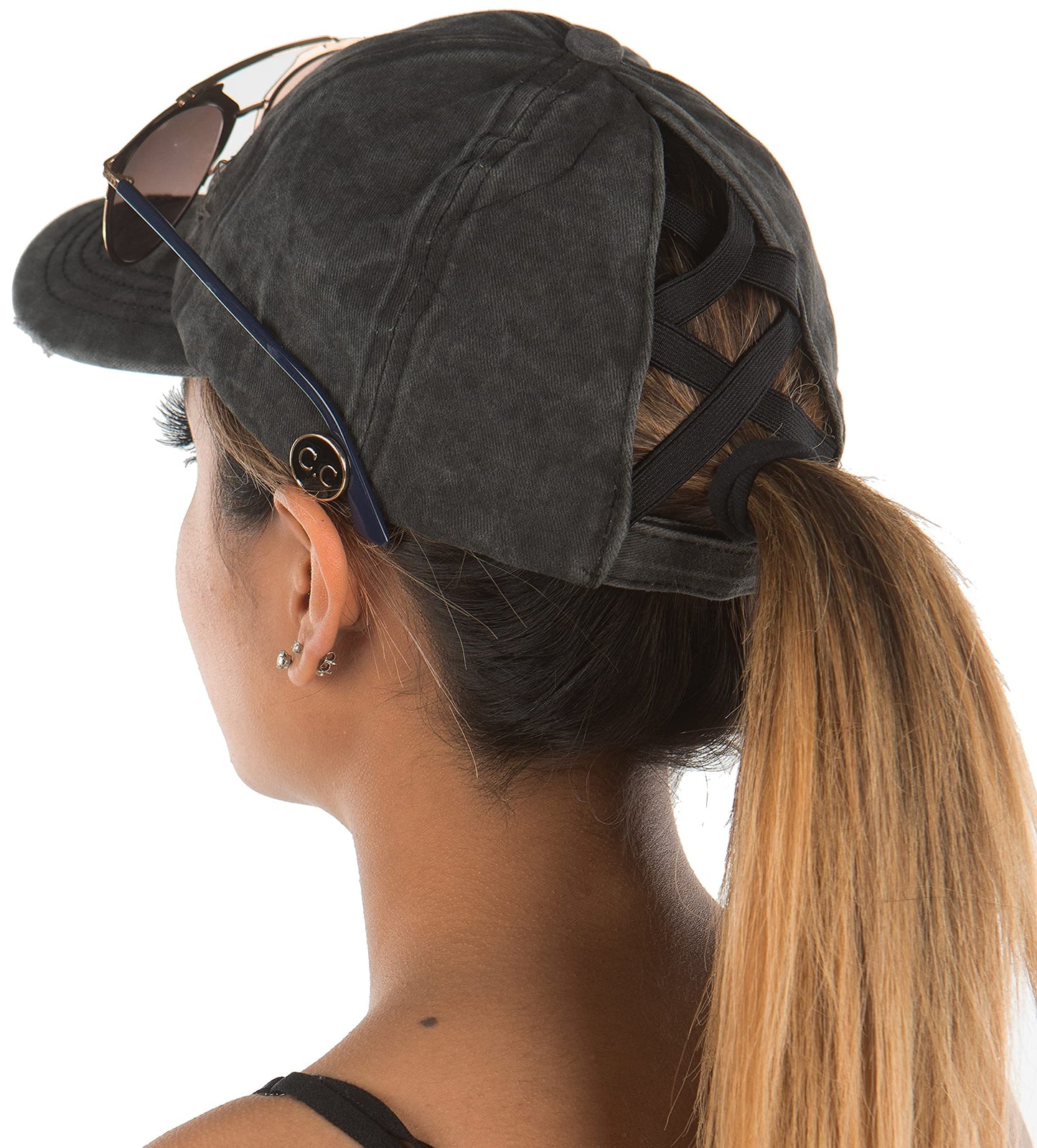 Funky Junque Side Button Criss Cross Ponytail Hats