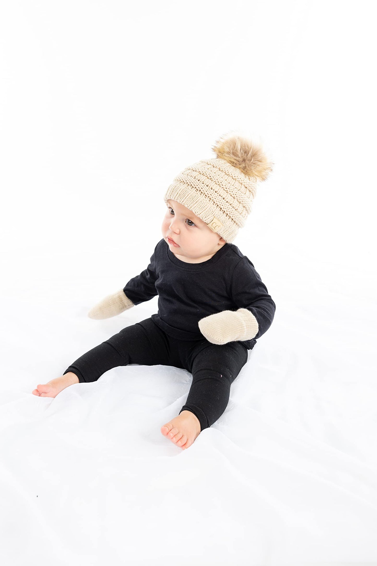 Baby Pom Beanie and Matching Mittens Set by Funky Junque