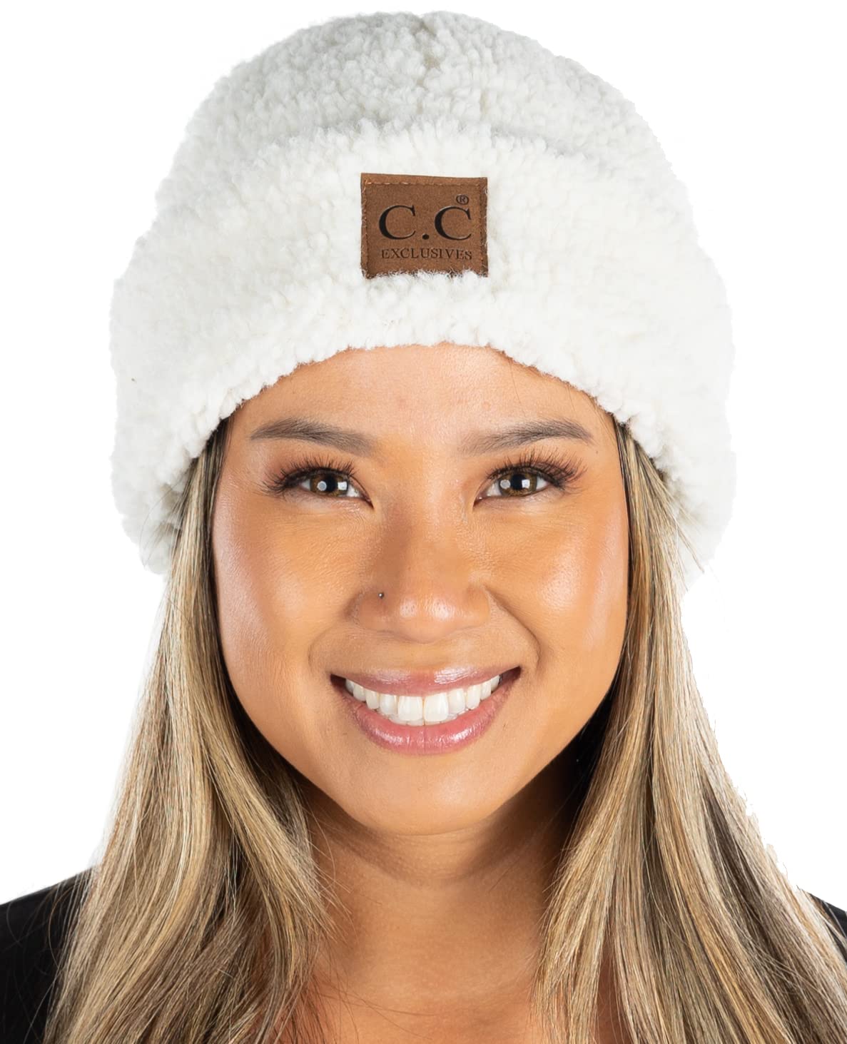 Women's Fuzzy Faux Wool Sherpa Double Layered Cuff Plush Beanie