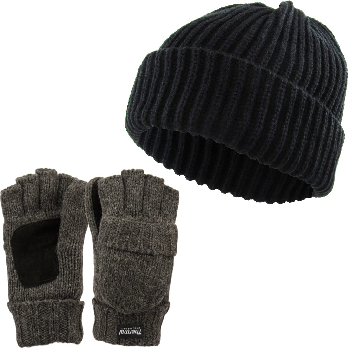 Ribbed Beanie & Convertible Gloves/Mittens Set by Funky Junque