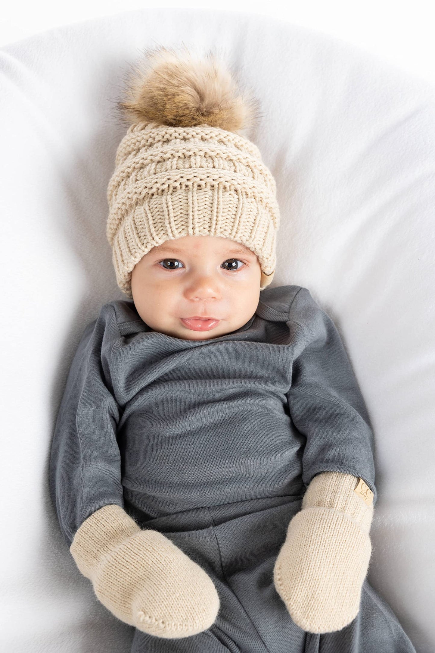 Baby Pom Beanie and Matching Mittens Set by Funky Junque