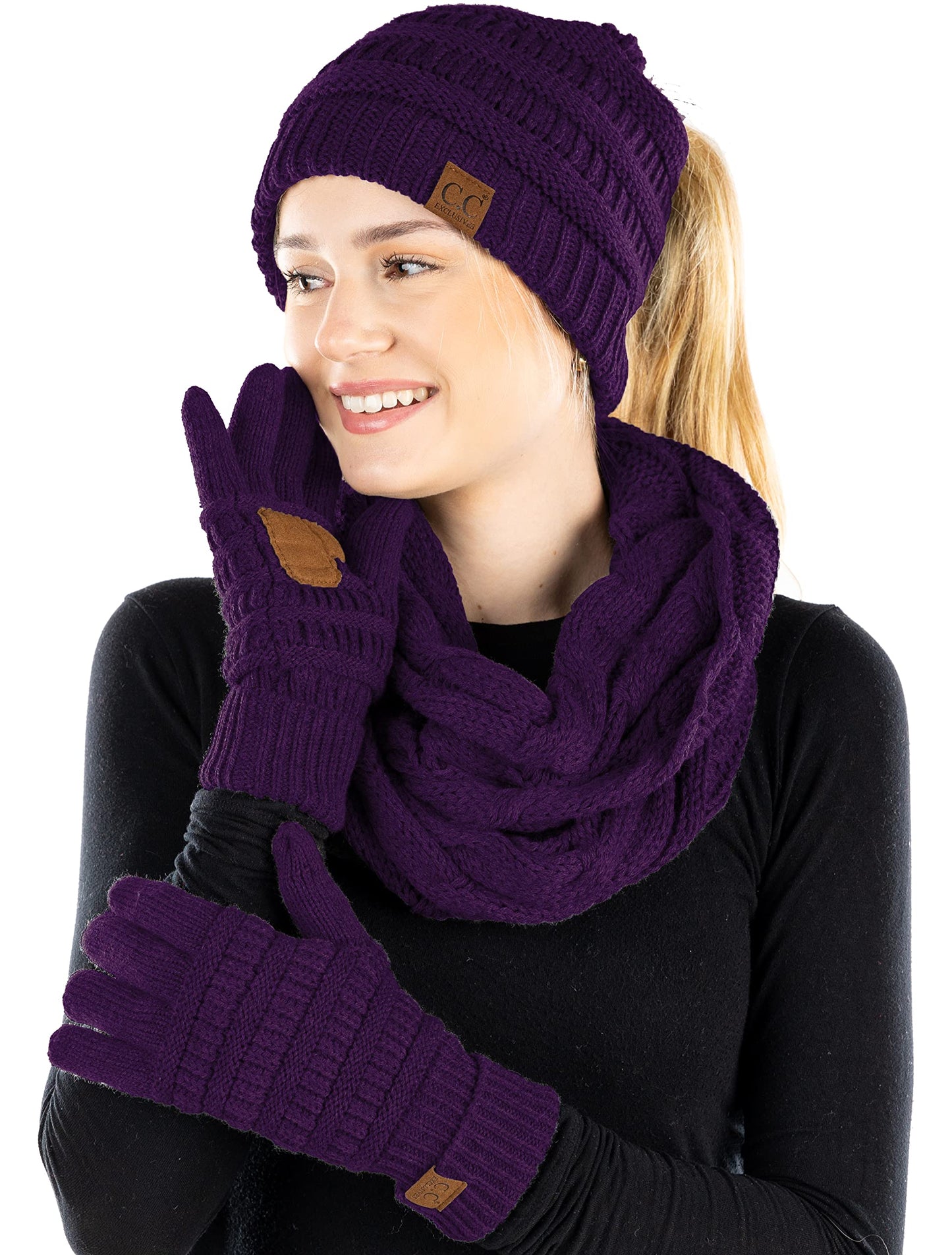 Ponytail Beanie, Infinity Scarf & Gloves Matching Set by Funky Junque