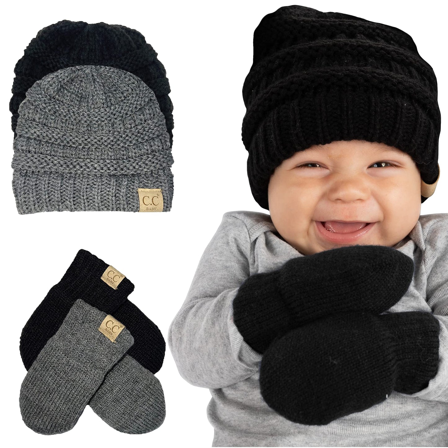 Baby Ribbed Beanie and Matching Mittens Set by Funky Junque