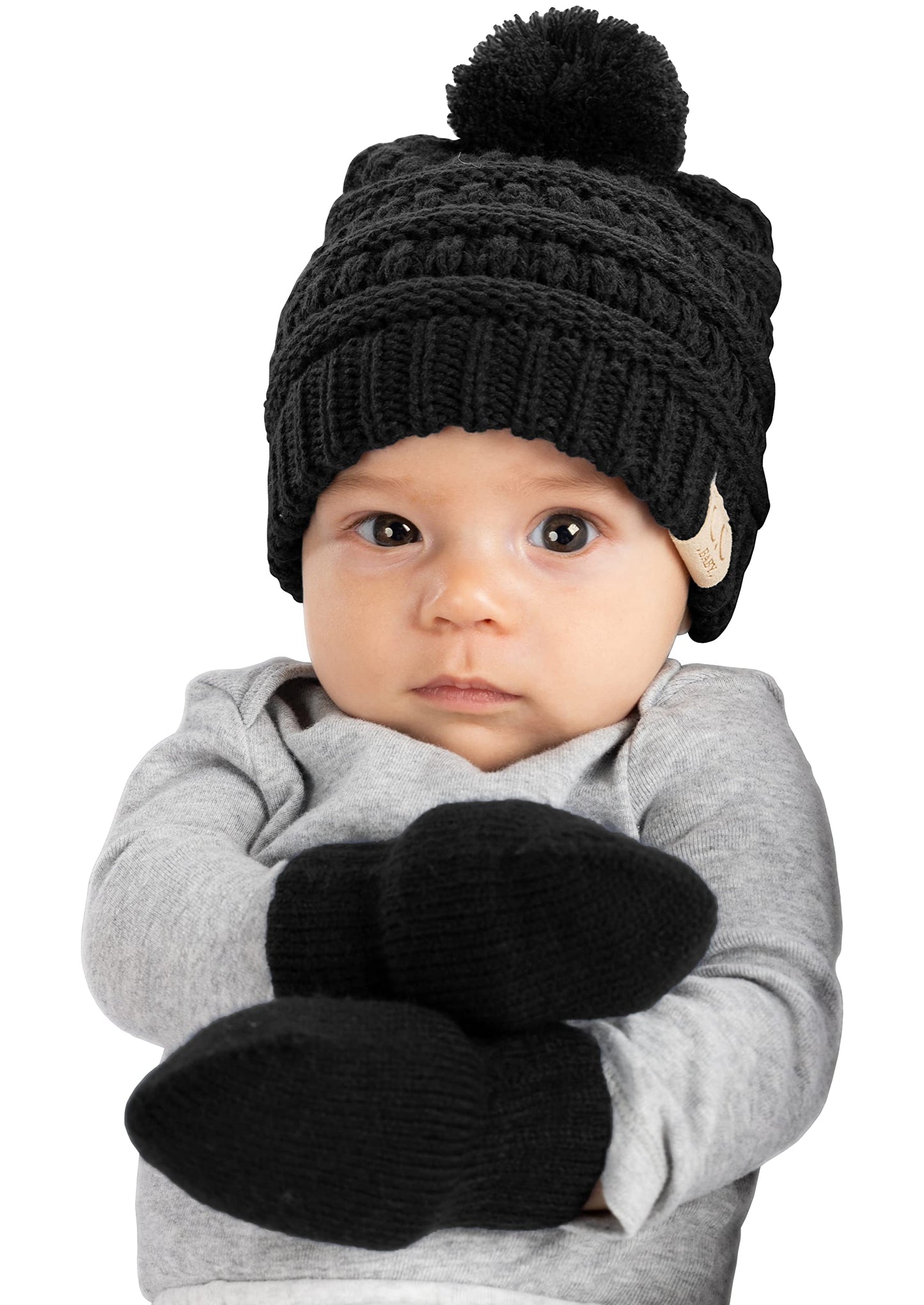 Baby Pom Beanie and Matching Mittens Set by Funky Junque