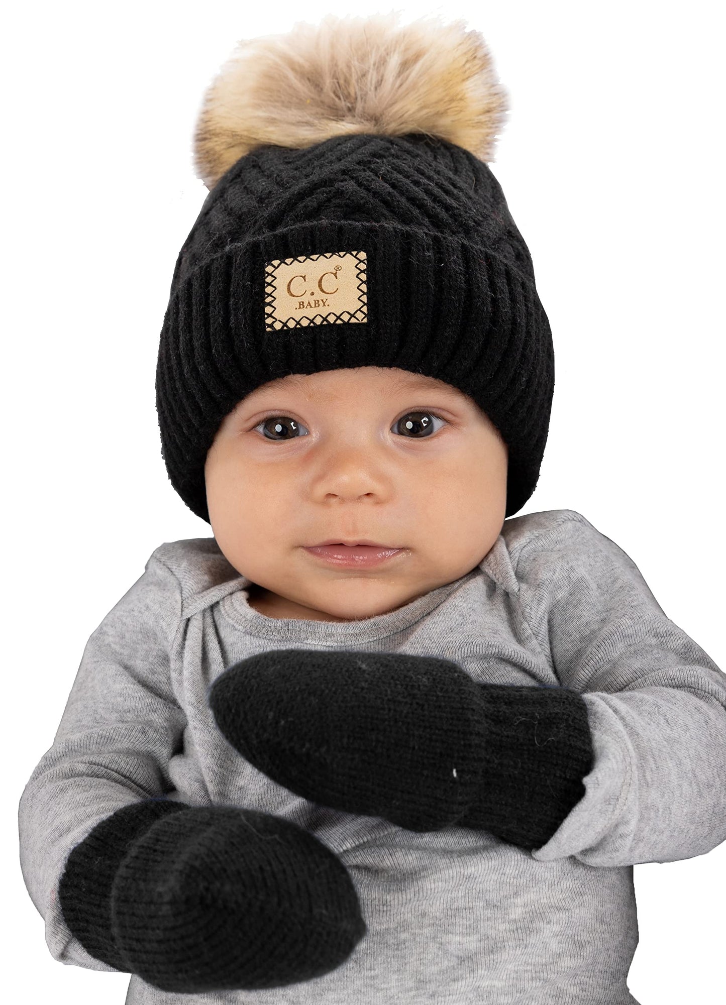 Baby Pom Beanie and Matching Mittens Set by Funky Junque