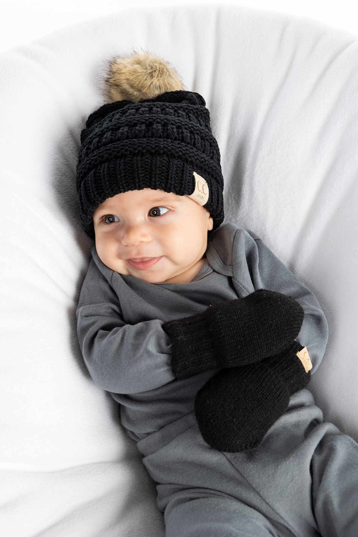 Baby Pom Beanie and Matching Mittens Set by Funky Junque