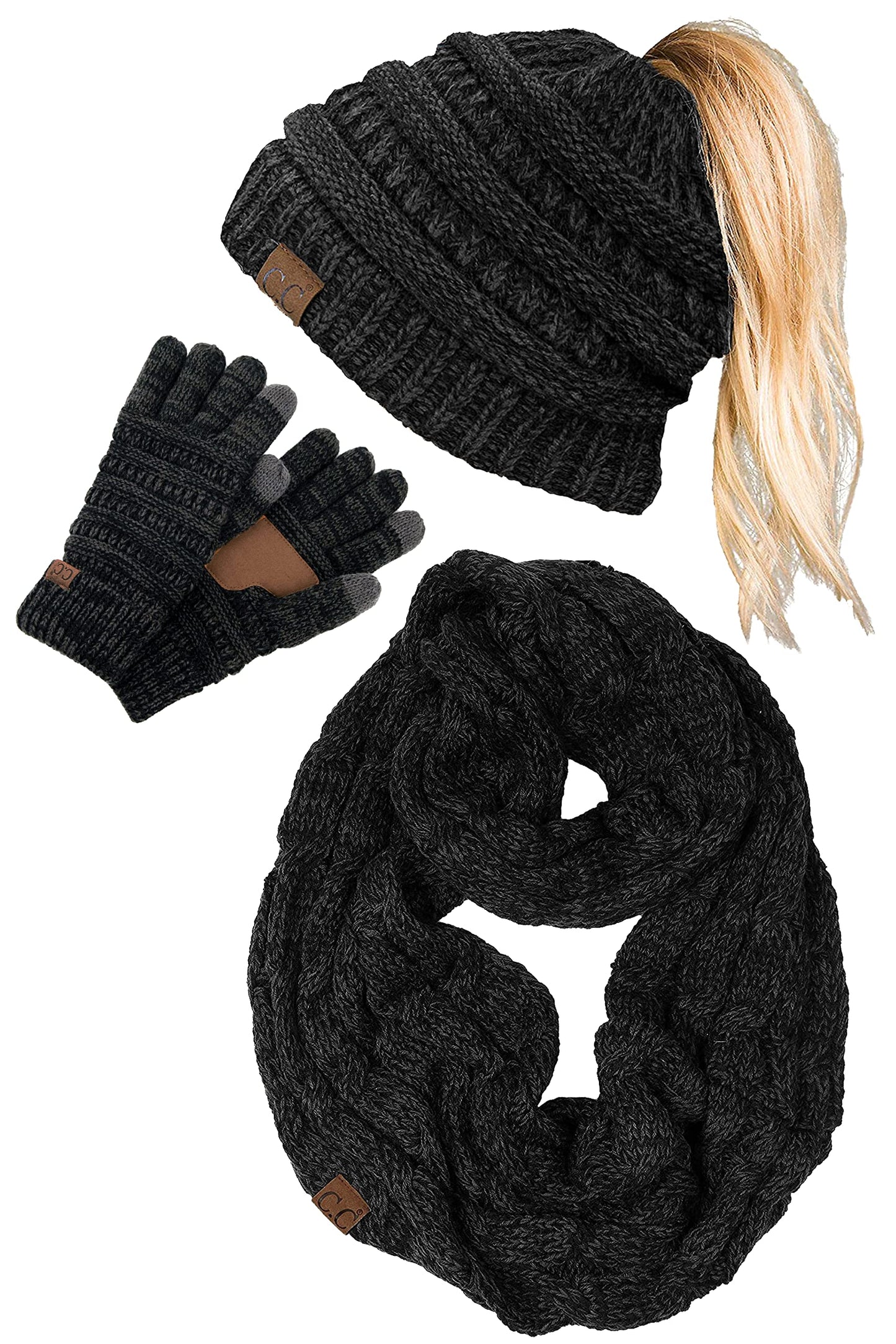 Ponytail Beanie, Infinity Scarf & Gloves Matching Set by Funky Junque