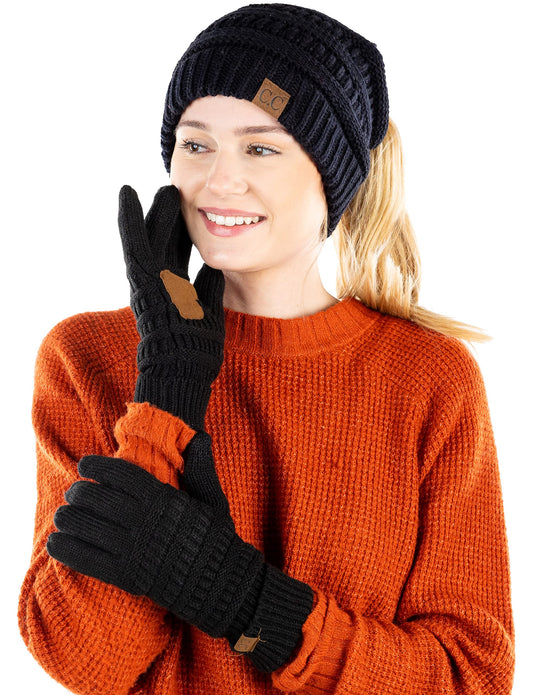 Ponytail Beanie & Gloves Matching Set by Funky Junque